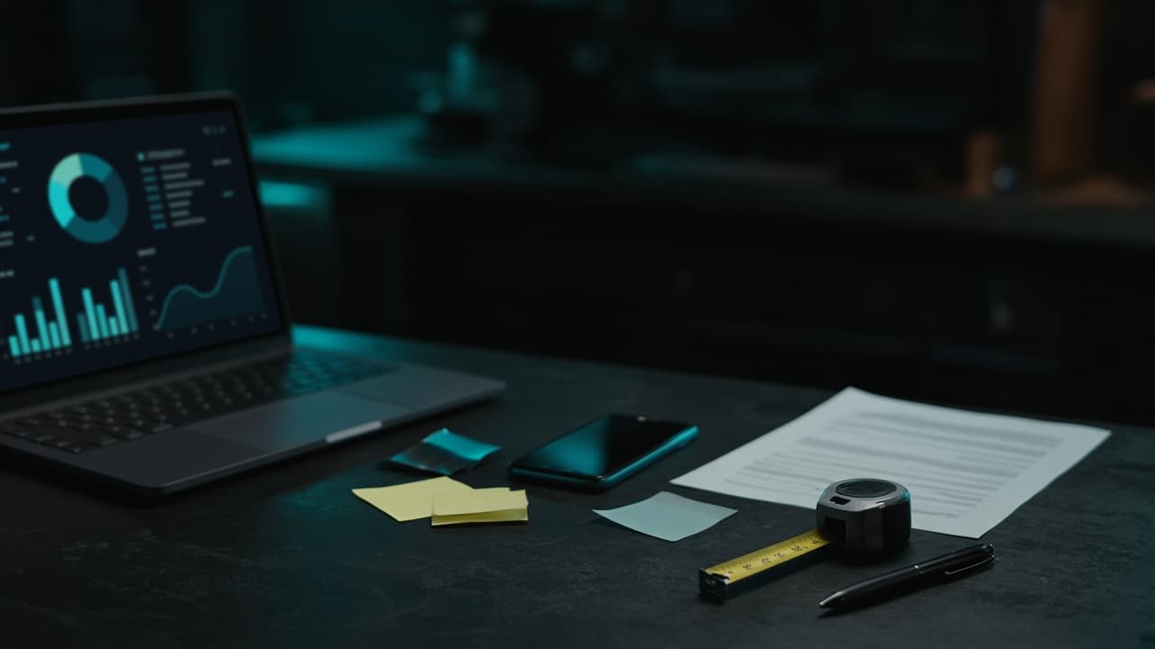 A laptop with charts beside a phone, sticky notes, a printed page, and a tape measure
