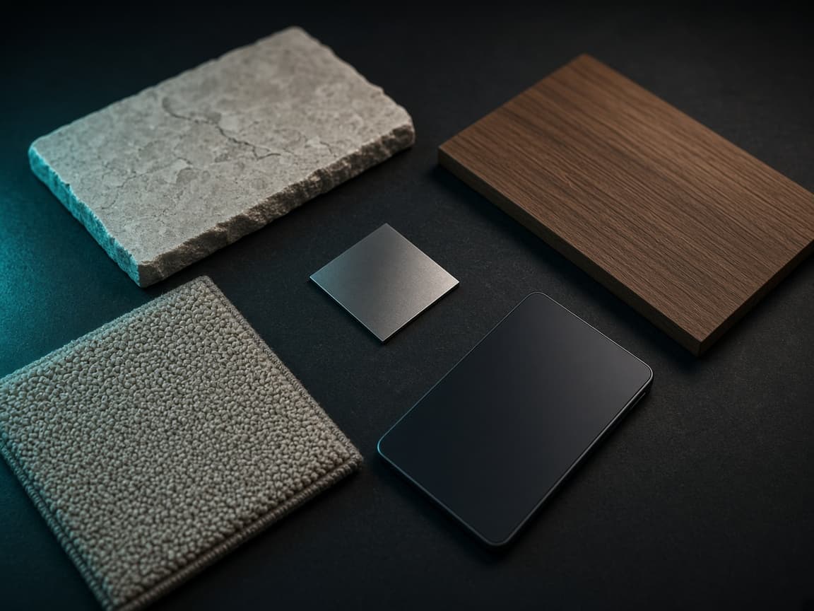 Stone, wood, carpet, and metal samples beside a tablet